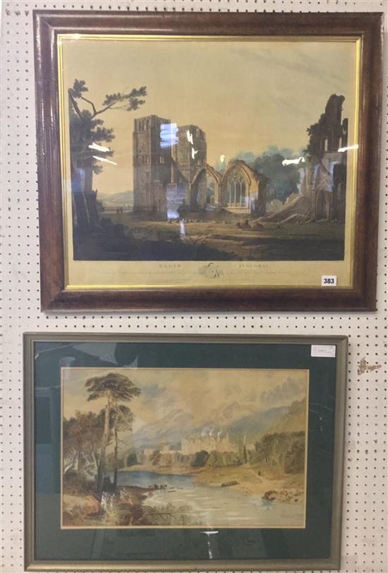 Early 19th century print Elgin Cathedral & watercolour Abbotsford